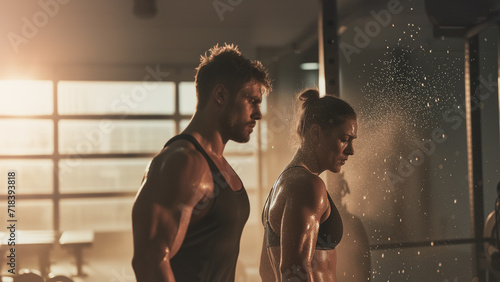 A young fit couple is training in the gym, preparing for the next set. Preparations for a competition.