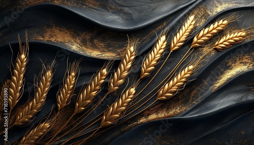 Golden and black abstract wheat art with a sculptural effect. Generative AI image.