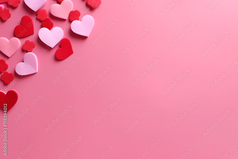 Various red and white hearts scattered on a pink background, symbolizing love and Valentine's Day.
