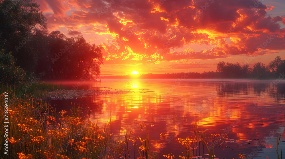 A landscape with an orangepink sunset surrounded by bright and golden reflections, which creates a A landscape with an orangepink sunset surrounded by bright and golden reflections, which creates a