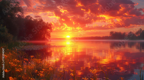 A landscape with an orangepink sunset surrounded by bright and golden reflections, which creates a