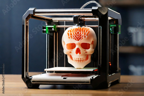 3D Drucker druckt einen Totenkopf  photo