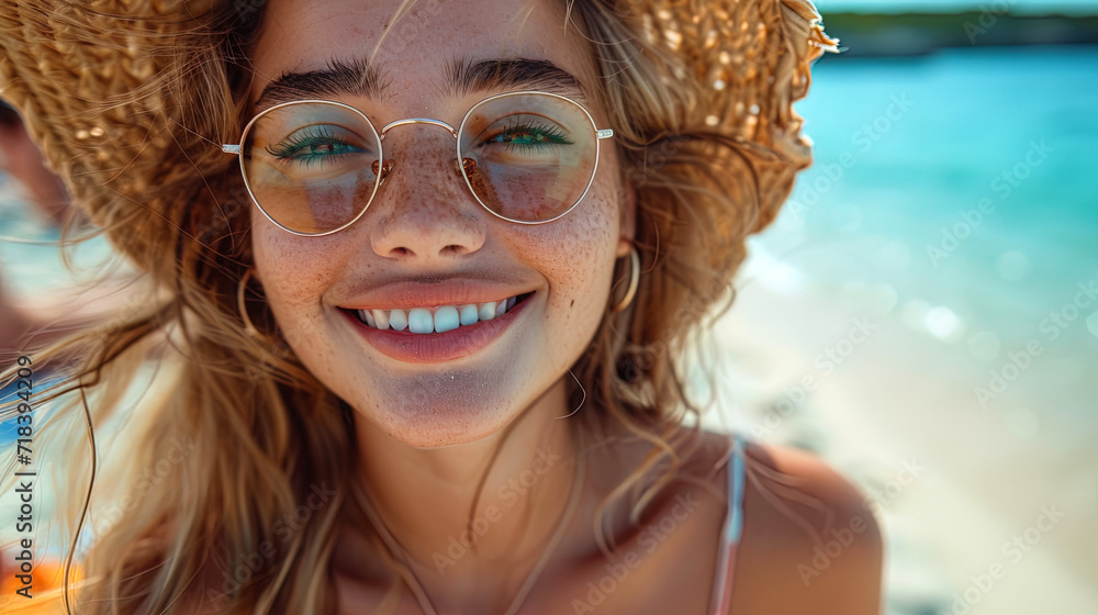 A photograph of a group of friends on the beach with smiles, like a sea, sand and funny conversati A photograph of a group of friends on the beach with smiles, like a sea, sand and funny conversati