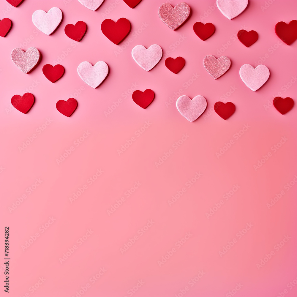 Various red and white hearts scattered on a pink background.