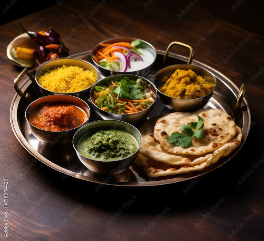 Indian food on a silver platter. Generative AI. Indian food on a silver platter. Generative AI.
