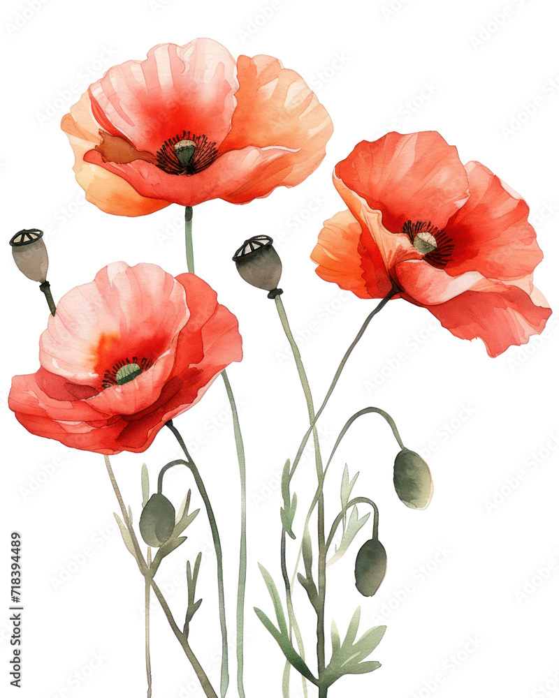 Naklejka premium Watercolor illustration of poppy flowers, transparent background (PNG)