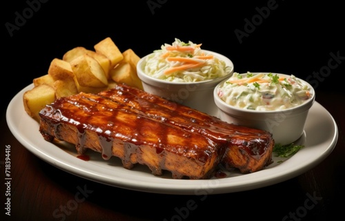 A plate with ribs, potatoes and coleslaw. Generative AI.