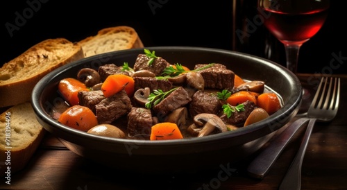 Beef stew with mushrooms and carrots in a bowl. Generative AI.