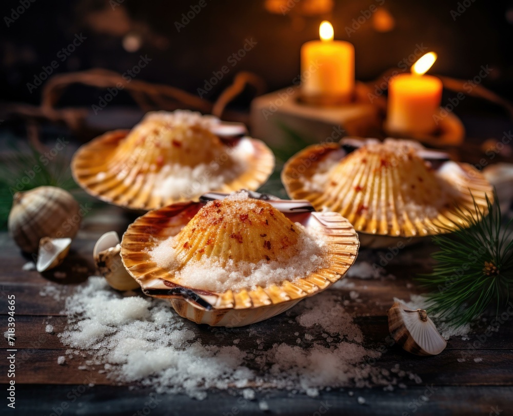 Three scallops in a shell with salt and candles. Generative AI. Three scallops in a shell with salt and candles. Generative AI.