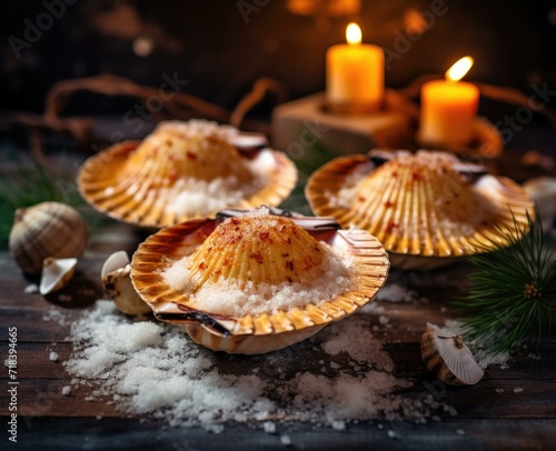 Three scallops in a shell with salt and candles. Generative AI.