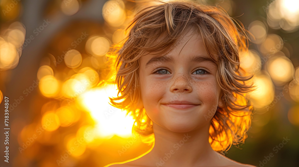Fototapeta premium A portrait of a little boy with a sunny smile, as if he is a source of light and joy