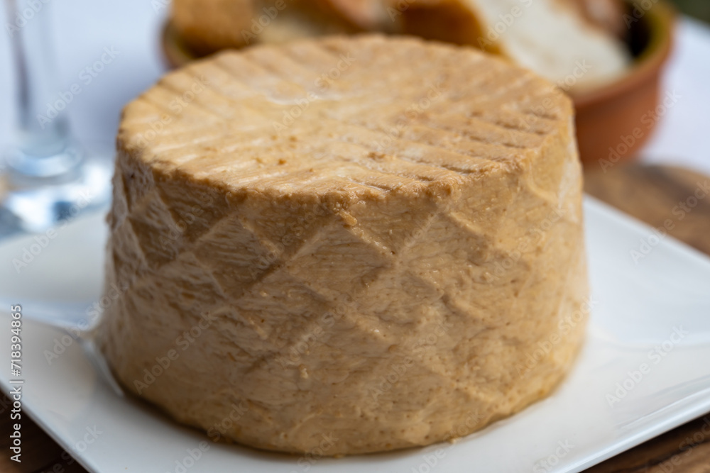 Cheese collection, piece of fresh smoked Spanish goat cheese close up Cheese collection, piece of fresh smoked Spanish goat cheese close up