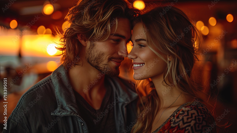 In the picture, a couple with smiles amid sunset, as if romance and love create an atmosphere of m In the picture, a couple with smiles amid sunset, as if romance and love create an atmosphere of m