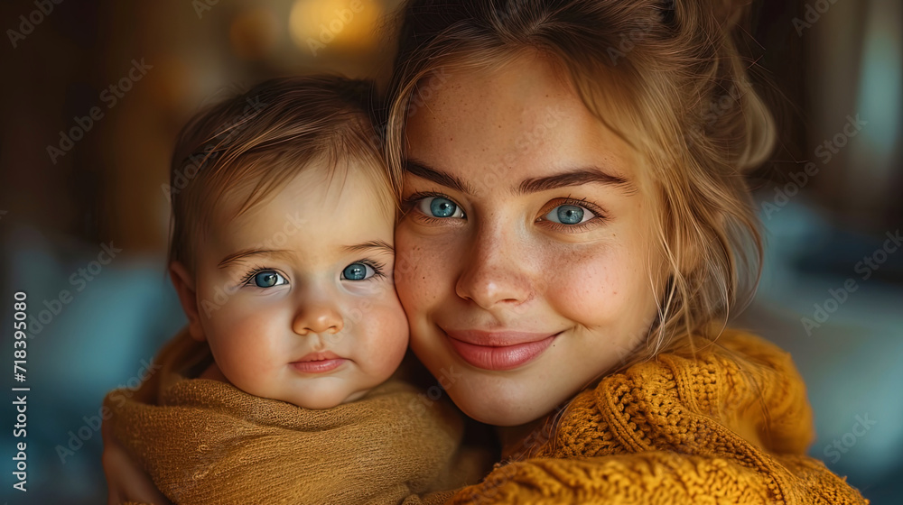 In the picture, a mother with a baby in a hug, both with smiles, as if the connection between them In the picture, a mother with a baby in a hug, both with smiles, as if the connection between them