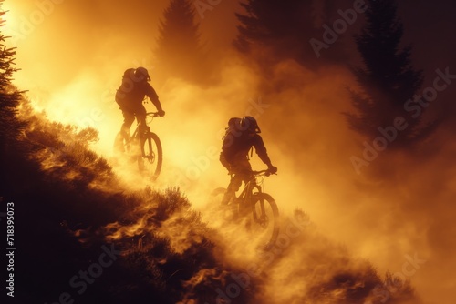 Two mountain bike riders at a mountain bike cross-country competition in the mountains