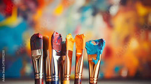 Row of artist paintbrushes closeup on artistic canvas