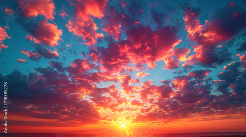 Photo of sunset  where the rays of the sun stain the sky in shades of peach and coral  creating a