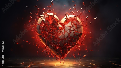  a broken heart shaped object in the middle of a dark room with red and white confetti around it.