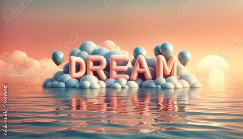 Inspirational Dream Word with Clouds and Sunset  Motivation Concept