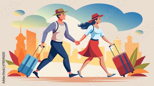 Joyful couple traveling together with luggage in a vibrant cityscape