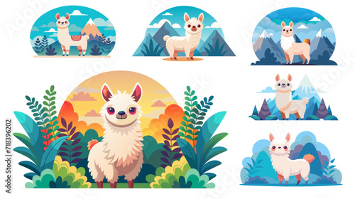 Cute cartoon llamas in various landscapes, vector illustration set