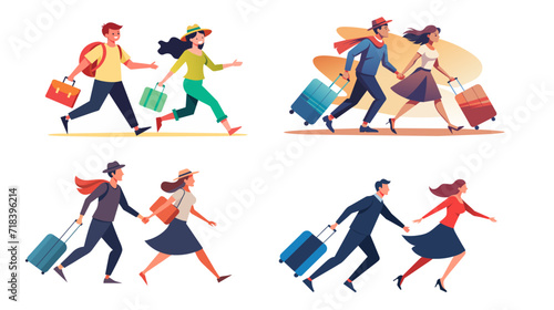 Colorful vector illustration of couples traveling with luggage