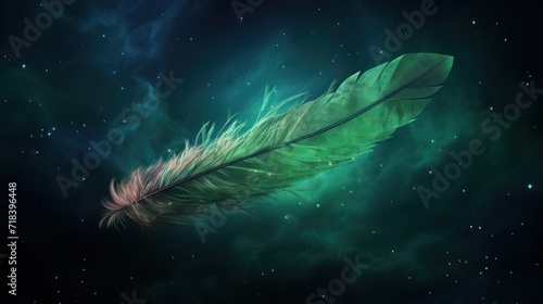  a close up of a green feather on a blue and green background with a star filled sky in the background.