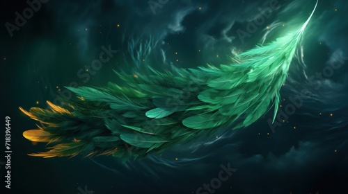  a digital painting of a green feather floating in the air on a dark blue and green background with gold flecks.