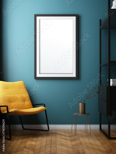 Yellow armchair in a modern living room with a mockup of a framed artwork on the blue wall. Artistic home  stylish decor  interior design. Blank framed picture with copy space.