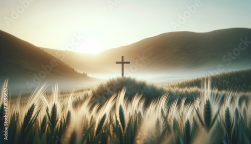 Serene Sunrise Behind Cross on Hill, Spiritual Awakening Concept