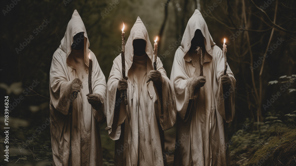 scary cult members in white with candles