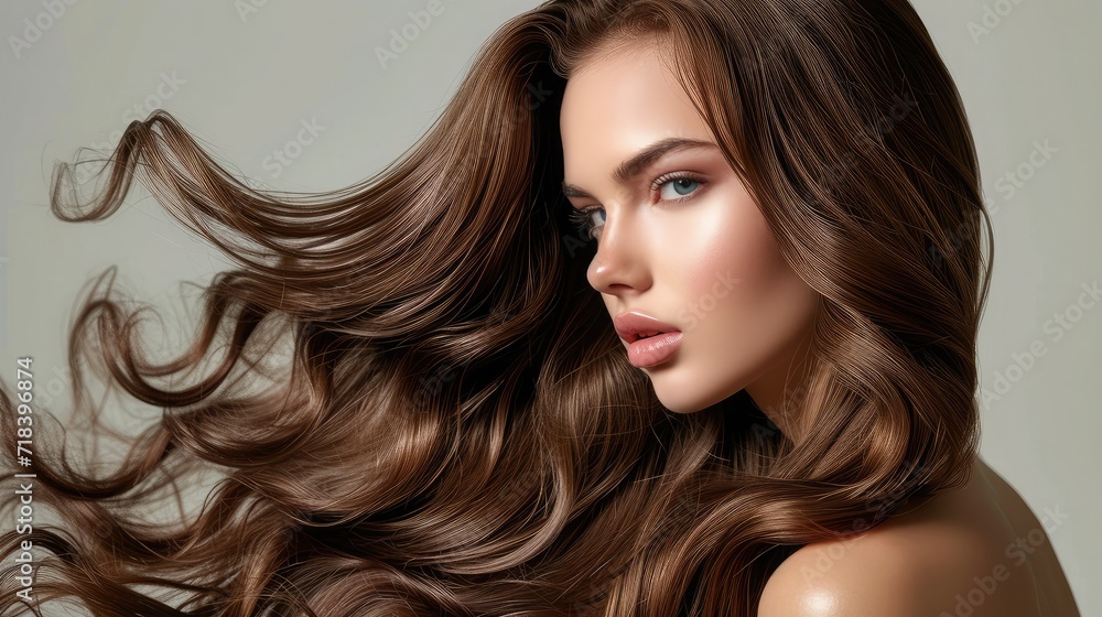 Obraz premium Brunette girl with long and shiny wavy hair Beautiful model with curly hairstyle