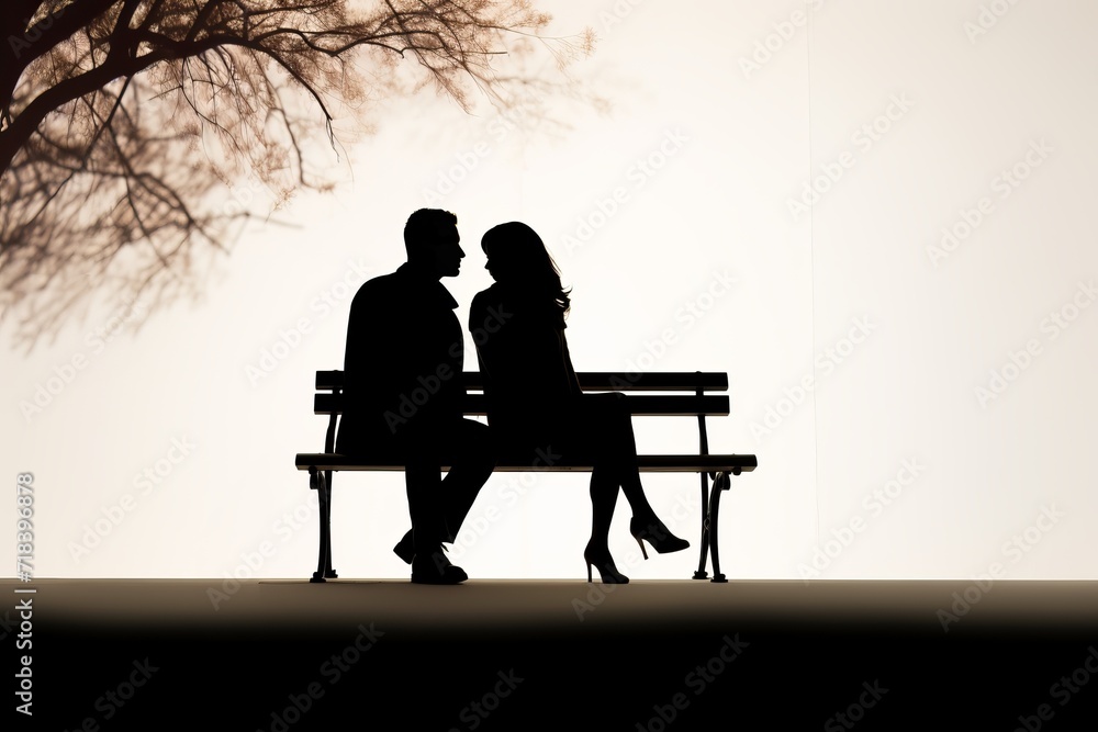 The silhouette of a couple sitting on a park bench. an illustration for a book or magazine. copy space