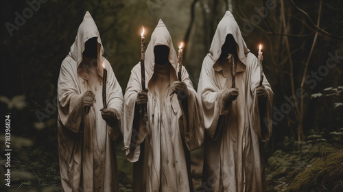 scary cult members in white with candles