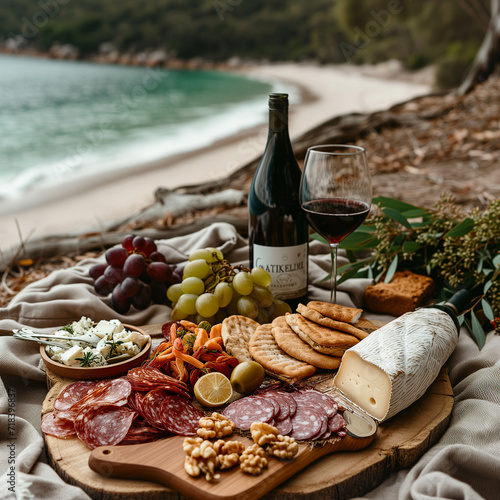 Picnic on the beach with wine, cheese, crackers and grapes
