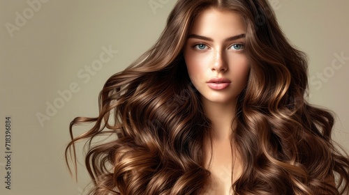 Brunette girl with long and shiny wavy hair Beautiful model with curly hairstyle
