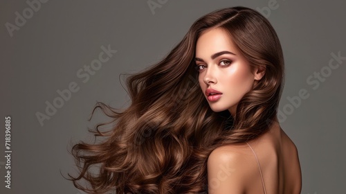 Brunette girl with long and shiny wavy hair Beautiful model with curly hairstyle