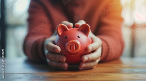 Man hand holding piggy bank on wood table, saving money wealth and financial concept, Business, finance, investment, Financial planning. photo