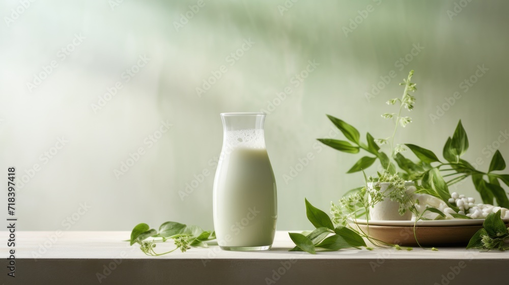 a bottle of milk sitting next to a bowl of flowers and a plate with a glass of milk on it. a bottle of milk sitting next to a bowl of flowers and a plate with a glass of milk on it.