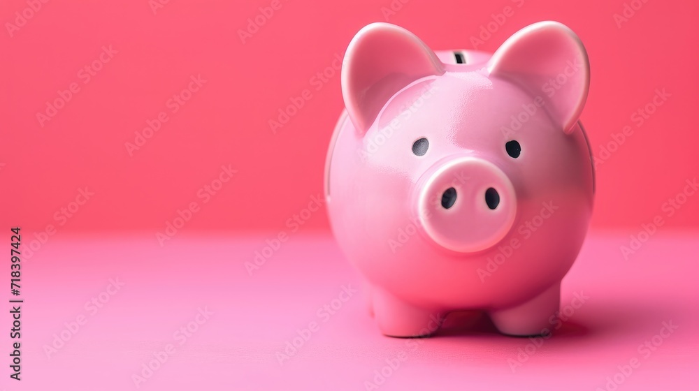 Pink piggy bank on pink background. Money and business.