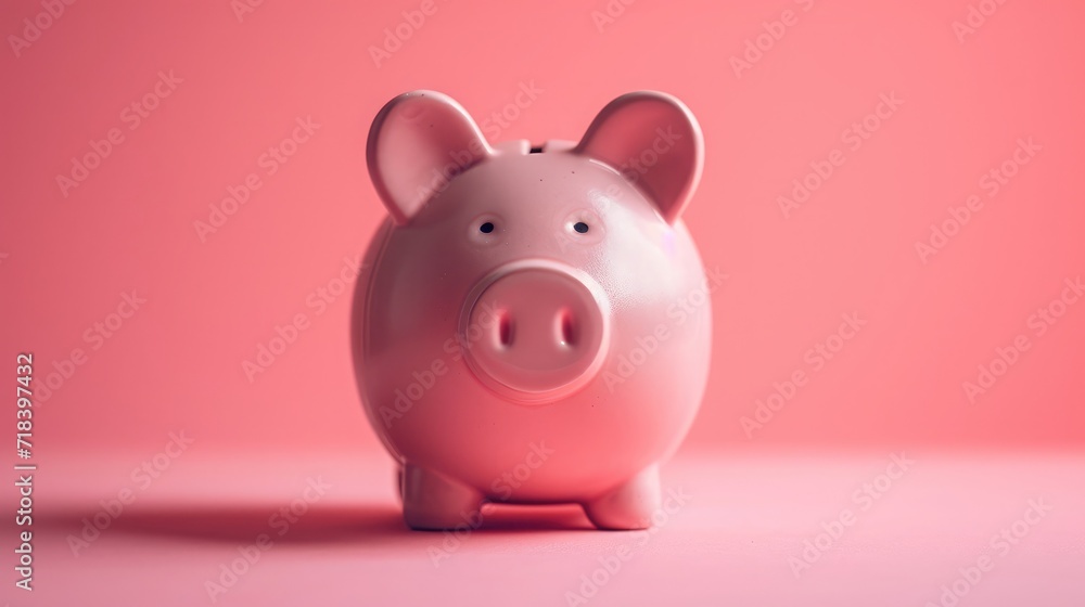Pink piggy bank on pink background. Money and business.