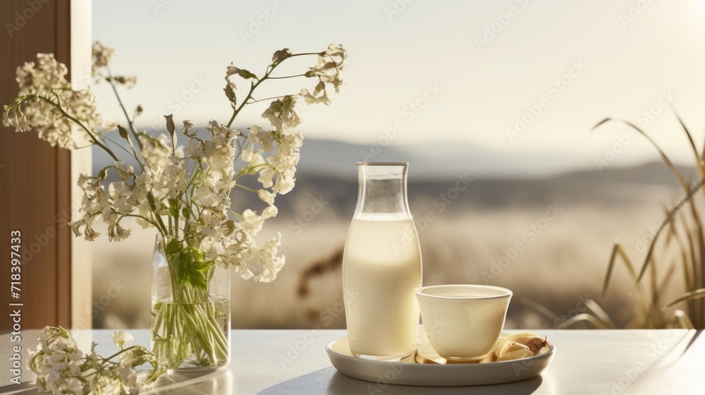 a pitcher of milk, a glass of milk, and a plate of food sit on a table in front of a window. a pitcher of milk, a glass of milk, and a plate of food sit on a table in front of a window.