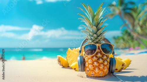 PinePineapple with sunglasses and headphones at tropical beach - Holiday Vacation Concept