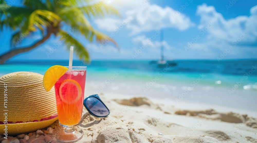 Straw hat with a exotic cocktail and sunglasses on sand beach. Summer Holidays concept Straw hat with a exotic cocktail and sunglasses on sand beach. Summer Holidays concept