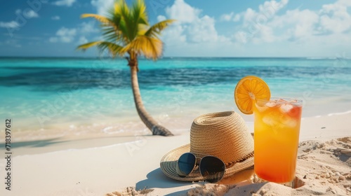 Straw hat with a exotic cocktail and sunglasses on sand beach. Summer Holidays concept