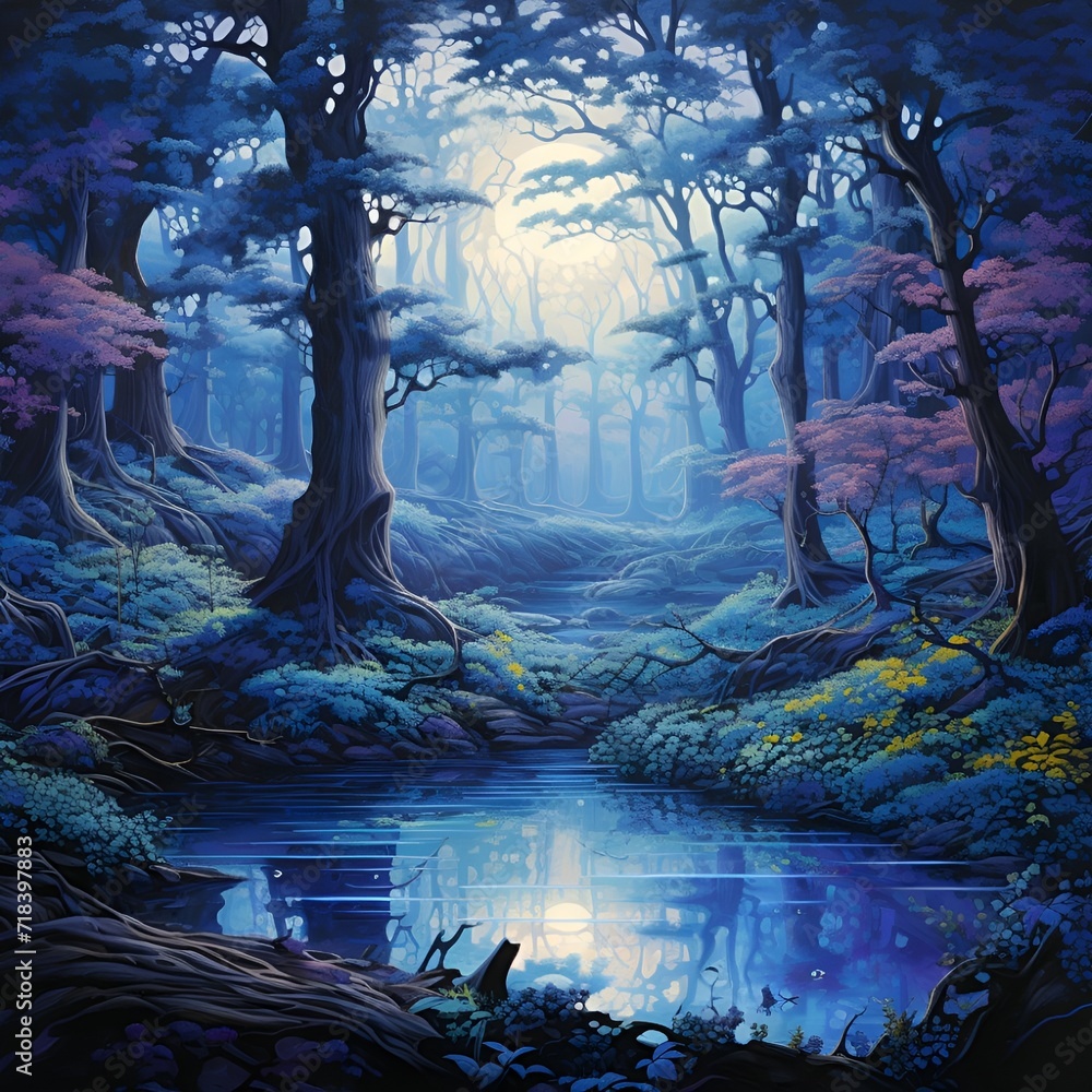 Mystical forest in blue night under the moon. Colorful landscape with enchanted blue trees reflected in the water of a forest river.  Dreamy scenery. 