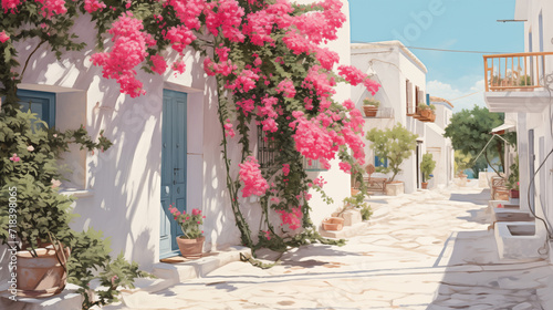 Street in a Greek Villiage with Pink Flowers White Stucco Cobblestone 