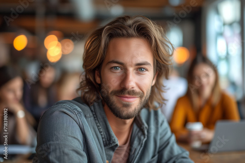 Smiling young adult man with long hair in a coworking space © ChaoticDesignStudio