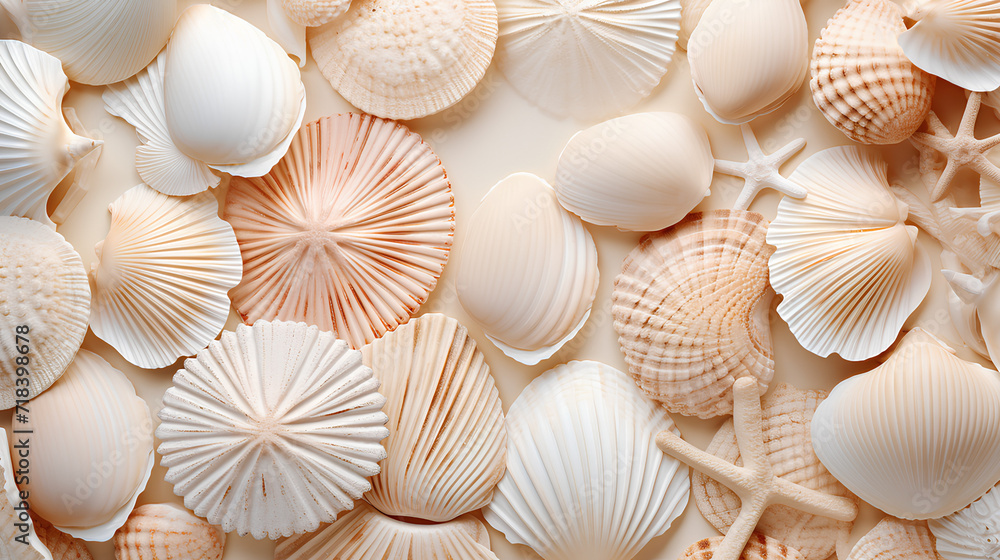 Neutral beige and white seashells pattern background