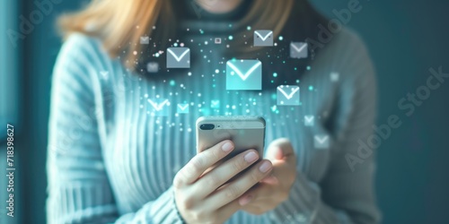 Young woman holding a smartphone with e-mail icons flying around